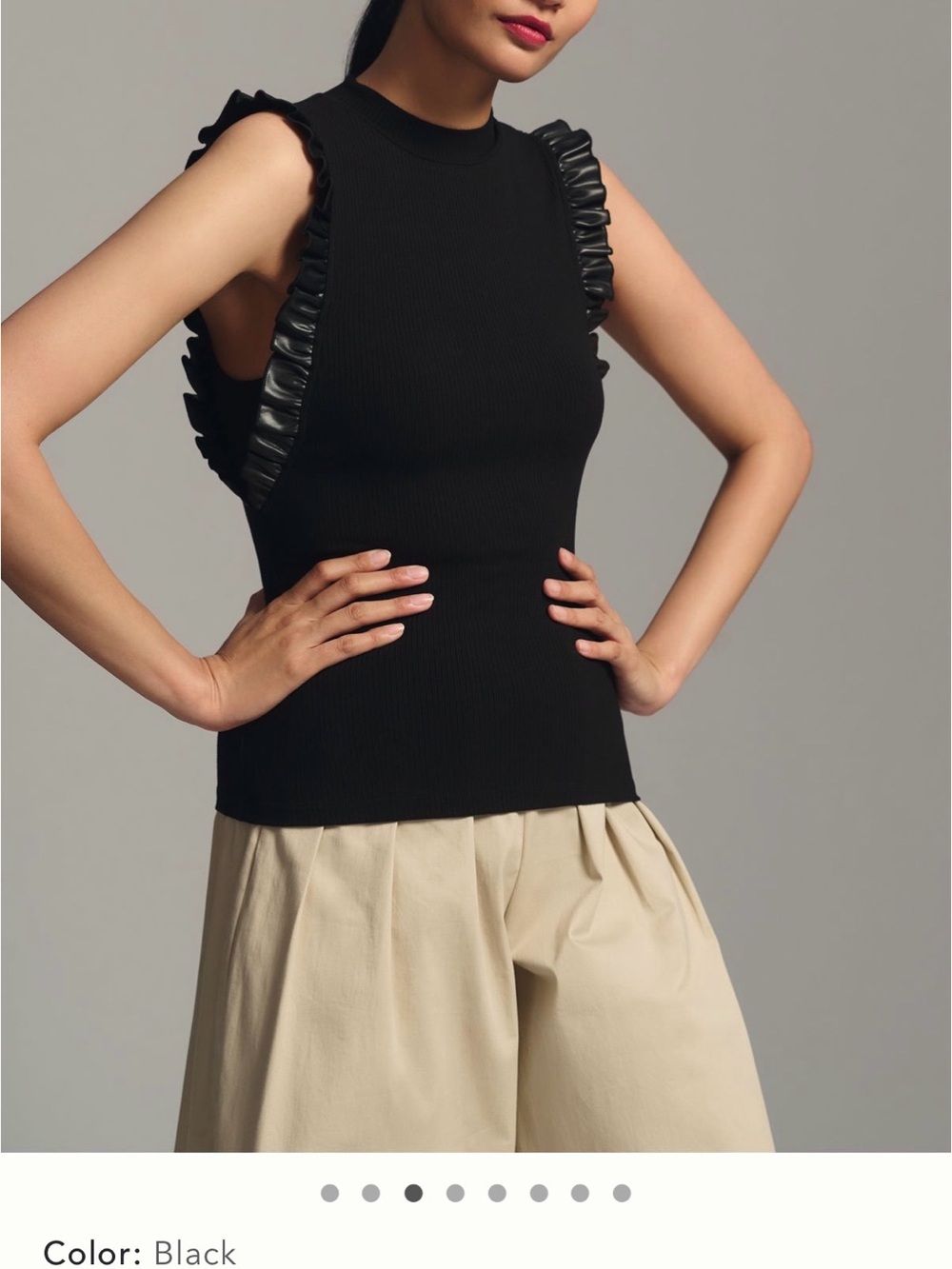 Sunday in Brooklyn Black Sleeveless Knit Top with Faux Leather Ruffle Trim
